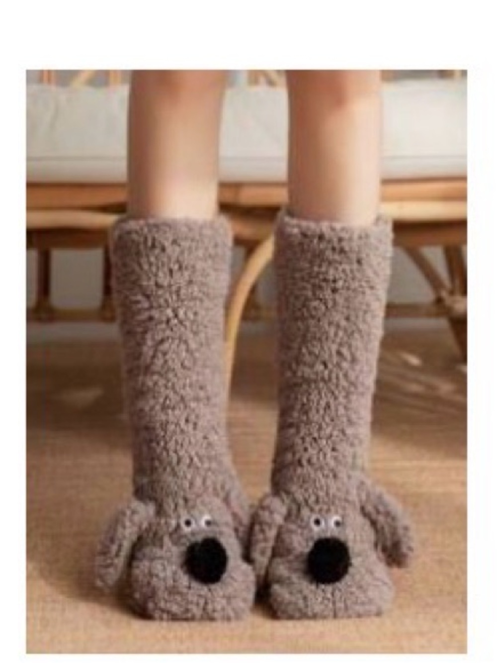Cozy Plush Dog Face Fuzzy Socks - Taupe w/foot grips